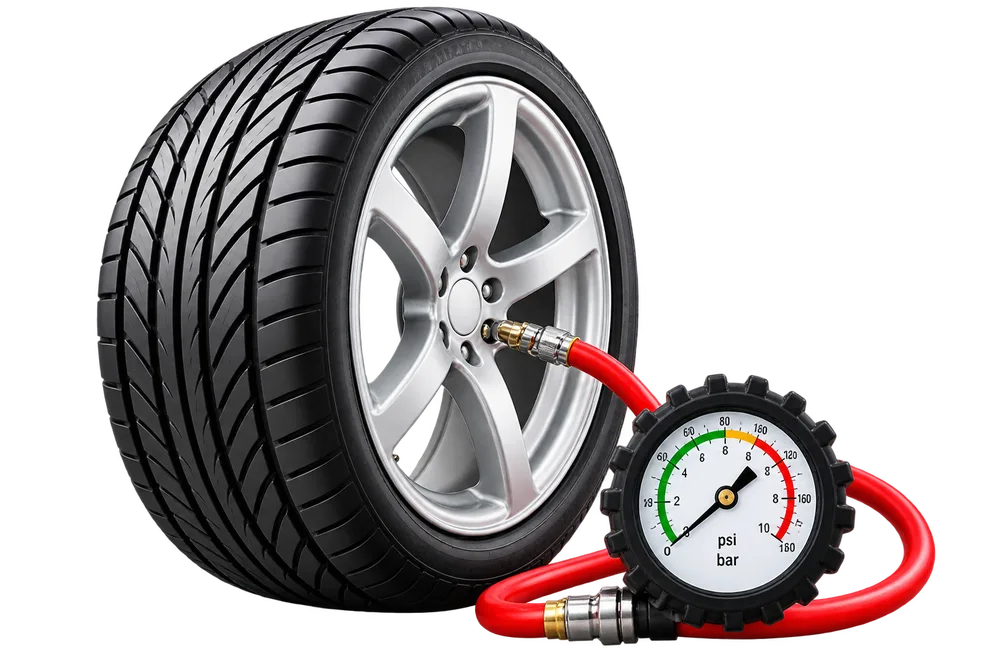 A tyre with a pressure gauge