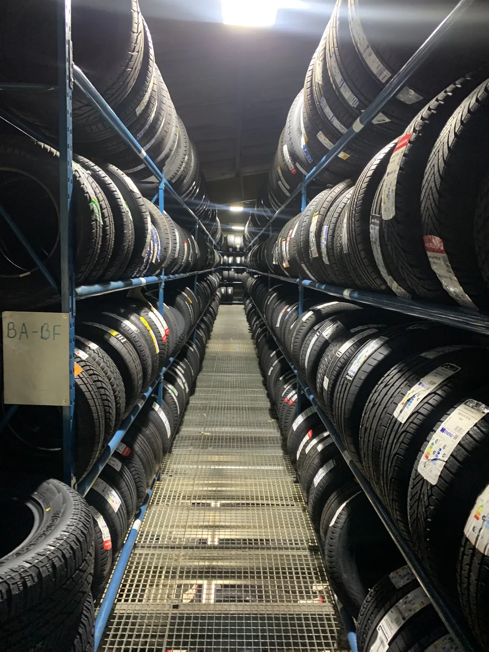 Tyre racking inside a Kenway Tyres depot